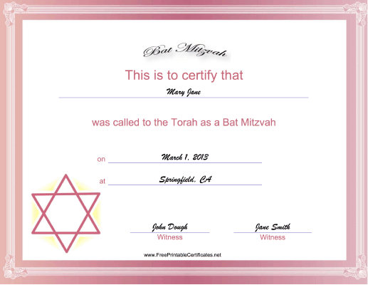 Bat Mitzvah certificate