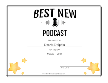 Best New Podcast certificate