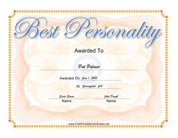 Best Personality Yearbook certificate