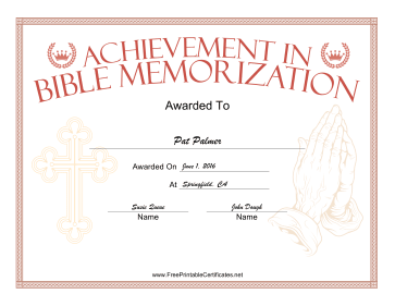 Bible Memorization Prayer certificate