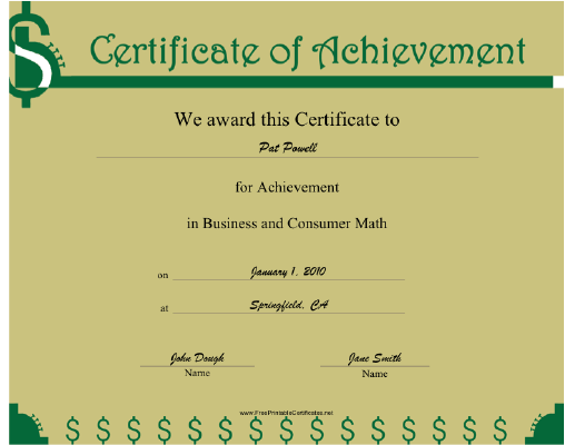 Business and Consumer Math certificate