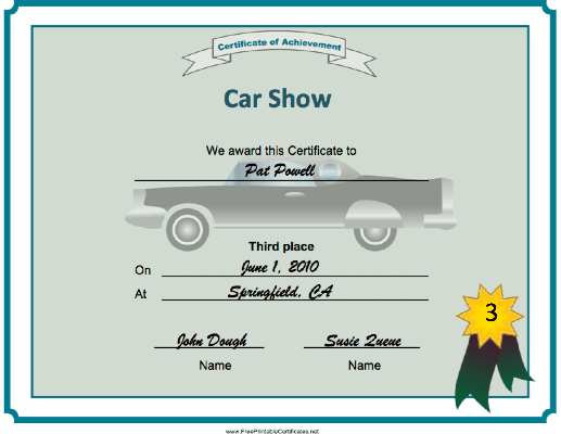 Car Show 3rd Place certificate