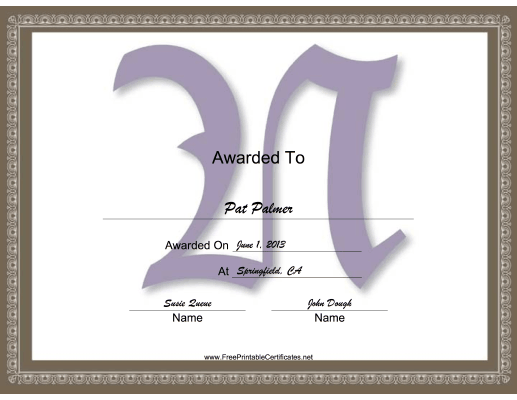 N Monogram certificate