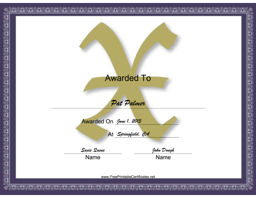 X Monogram certificate