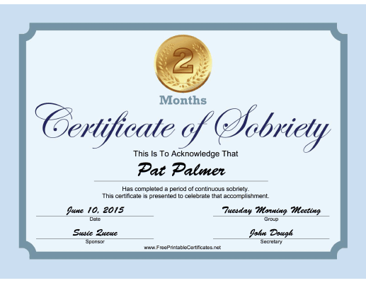 2 Months Sobriety Certificate (Blue) certificate