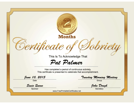 2 Months Sobriety Certificate (Gold) certificate