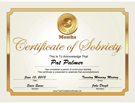 3 Months Sobriety Certificate (Gold) certificate