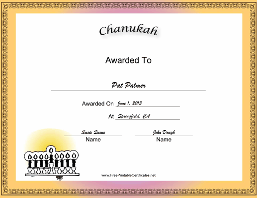 Chanukah Holiday certificate