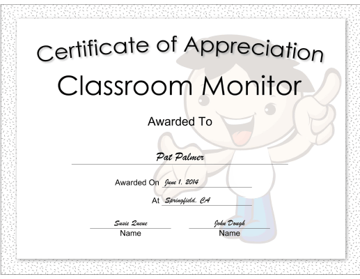 Classroom Monitor Appreciation Boy certificate