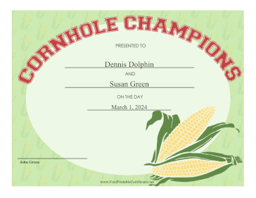 Doubles Cornhole Champions certificate