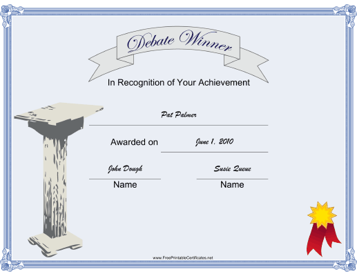 Debate Winner Printable Certificate