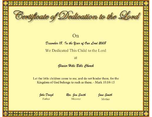 Dedication to the Lord certificate