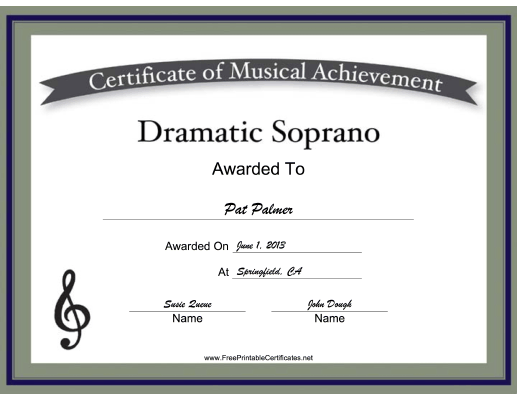 Dramatic Soprano Vocal Music certificate