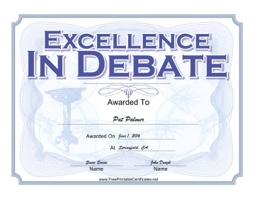 Excellence In Debate certificate