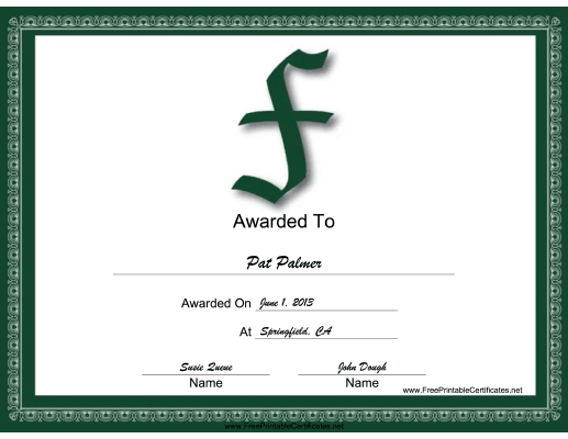 F Monogram certificate