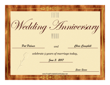 Fifth Wedding Anniversary certificate