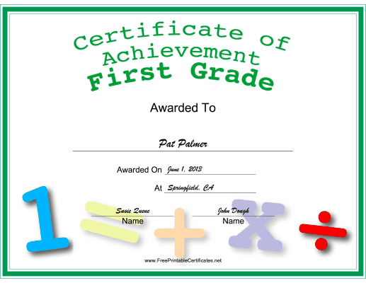 First Grade Achievement certificate