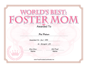 Foster Mom Award certificate