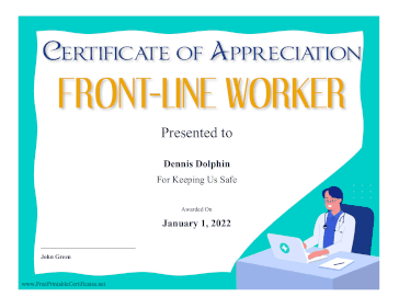 Front-Line Worker Award certificate