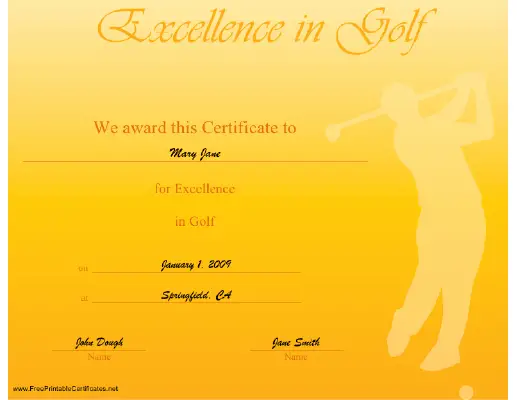 Excellence in Golf Certificate Printable Certificate
