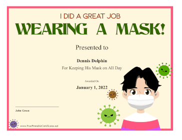 Great Job Wearing Mask certificate