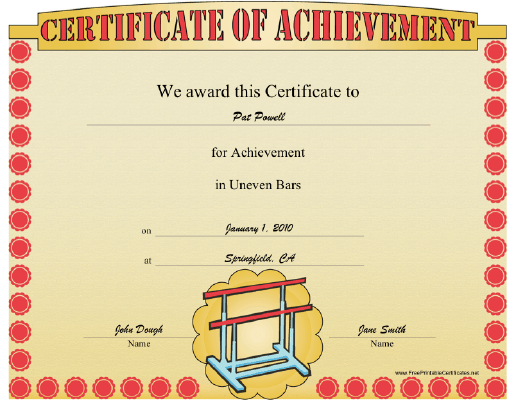 Gymnastics Uneven Parallel Bars certificate