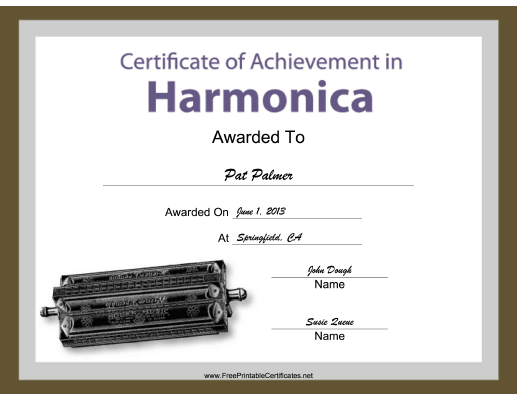 Harmonica Instrumental Music certificate