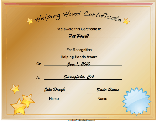 Helping Hand certificate