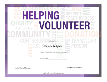 Helping Volunteer Award certificate