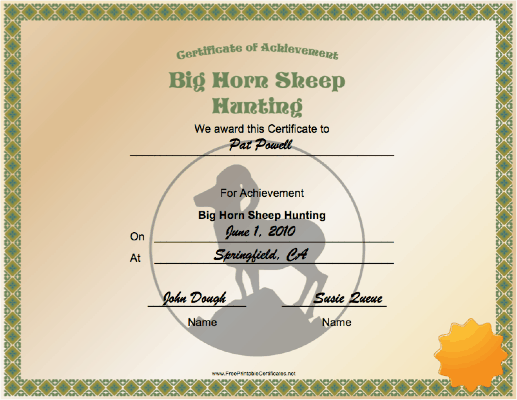 Hunting Big Horn Sheep Achievement certificate