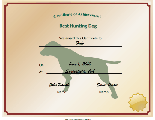 Hunting Dog Achievement certificate