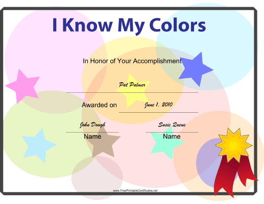 I Know My Colors certificate