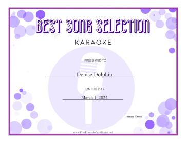 Best Karaoke Song Selection certificate