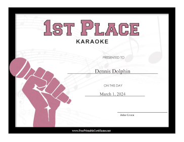 Karaoke Prize First Place certificate