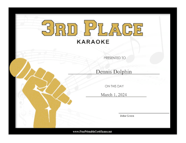 Karaoke Prize Third Place certificate