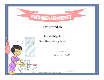 Kids Achievement Award Handwashing certificate