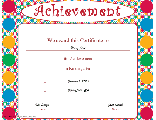 Achievement in Kindergarten certificate