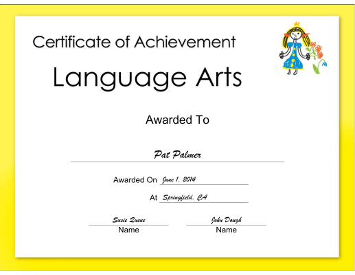 Language Arts Achievement certificate