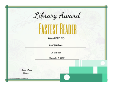 Library Award Fastest Reader certificate