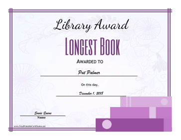 Library Award Longest Book certificate