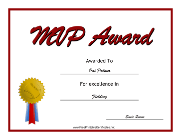 MVP Award Baseball certificate