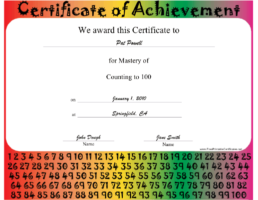 Mastery of Counting to 100 certificate