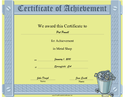 Metal Shop certificate