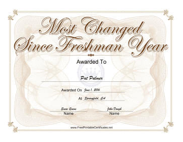 Most Changed Since Freshman Year Yearbook certificate