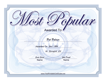 Most Popular Yearbook certificate