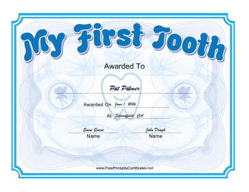 My First Tooth Certificate Blue certificate