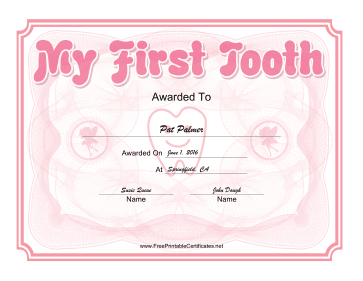 My First Tooth Certificate Pink certificate