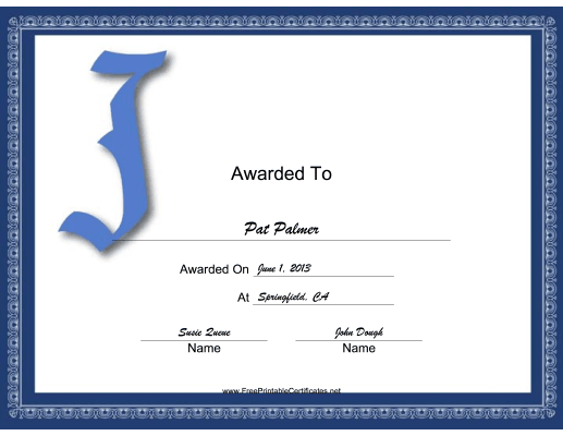 Offset J Monogram certificate