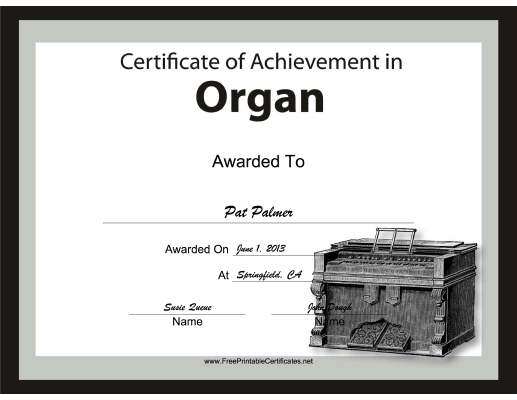 Organ Instrumental Music certificate