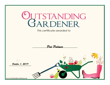 Outstanding Gardener Award certificate